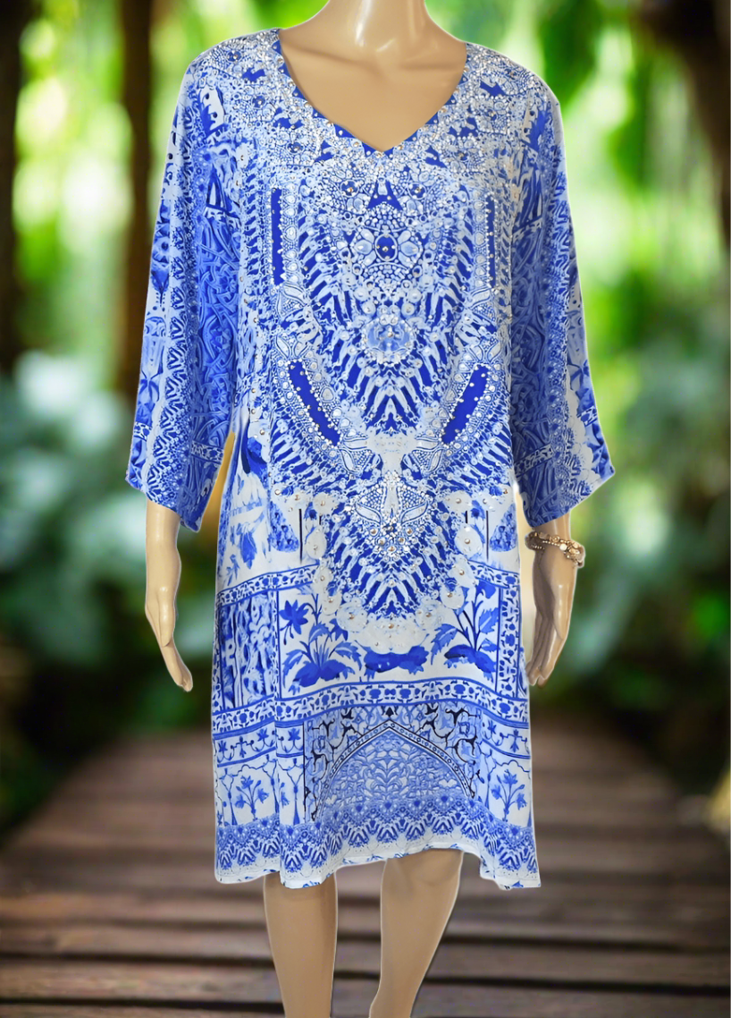 Peacock Silk Hand beaded Tunic Dress by Fashion Spectrum - Kaftans that Bling