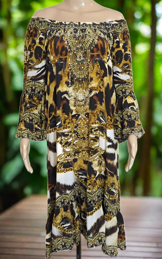 Leopard Silk Embellished Gypsy Dress by Fashion Spectrum - Kaftans that Bling