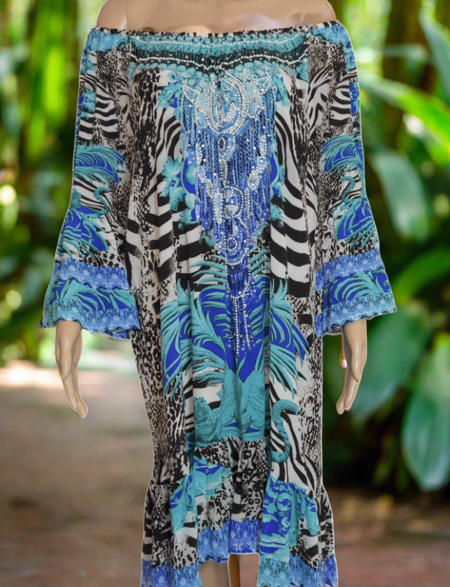 Zebra Blue Silk Embellished Gypsy Dress by Fashion Spectrum - Kaftans that Bling