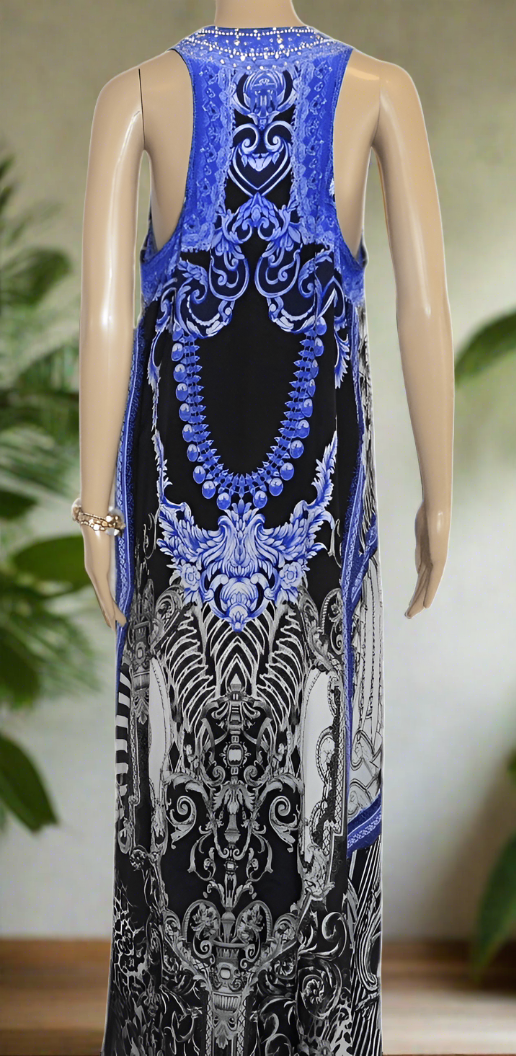 Midnight Blue long silk Embellished racerback maxi dress by Fashion Spectrum - Kaftans that Bling