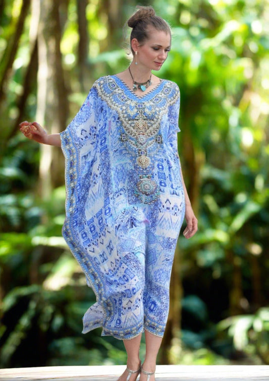Femme Fatale Blue Long Silk Embellished Kaftan - Fashion Spectrum - Kaftans that Bling