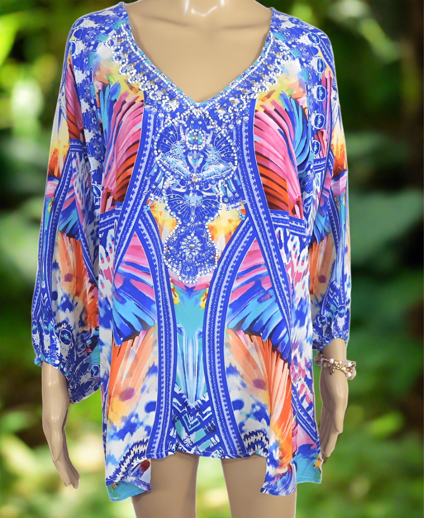 Silk Embellished Gypsy Top - Butterfly Blue-Fashion Spectrum - Kaftans that Bling