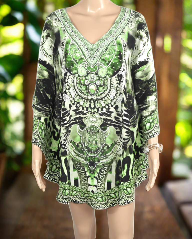 Silk Embellished Butterfly Top - Garbo Green-Fashion Spectrum - Kaftans that Bling