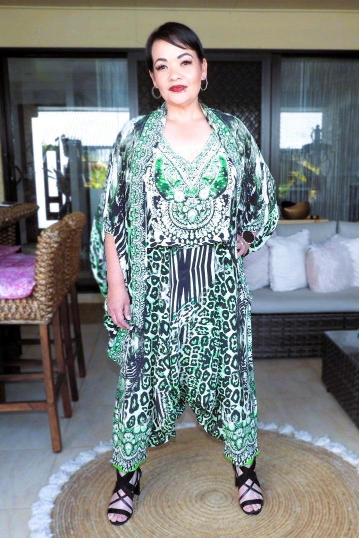 Silk Embellished Short Cape - Garbo Green-Fashion Spectrum - Kaftans that Bling