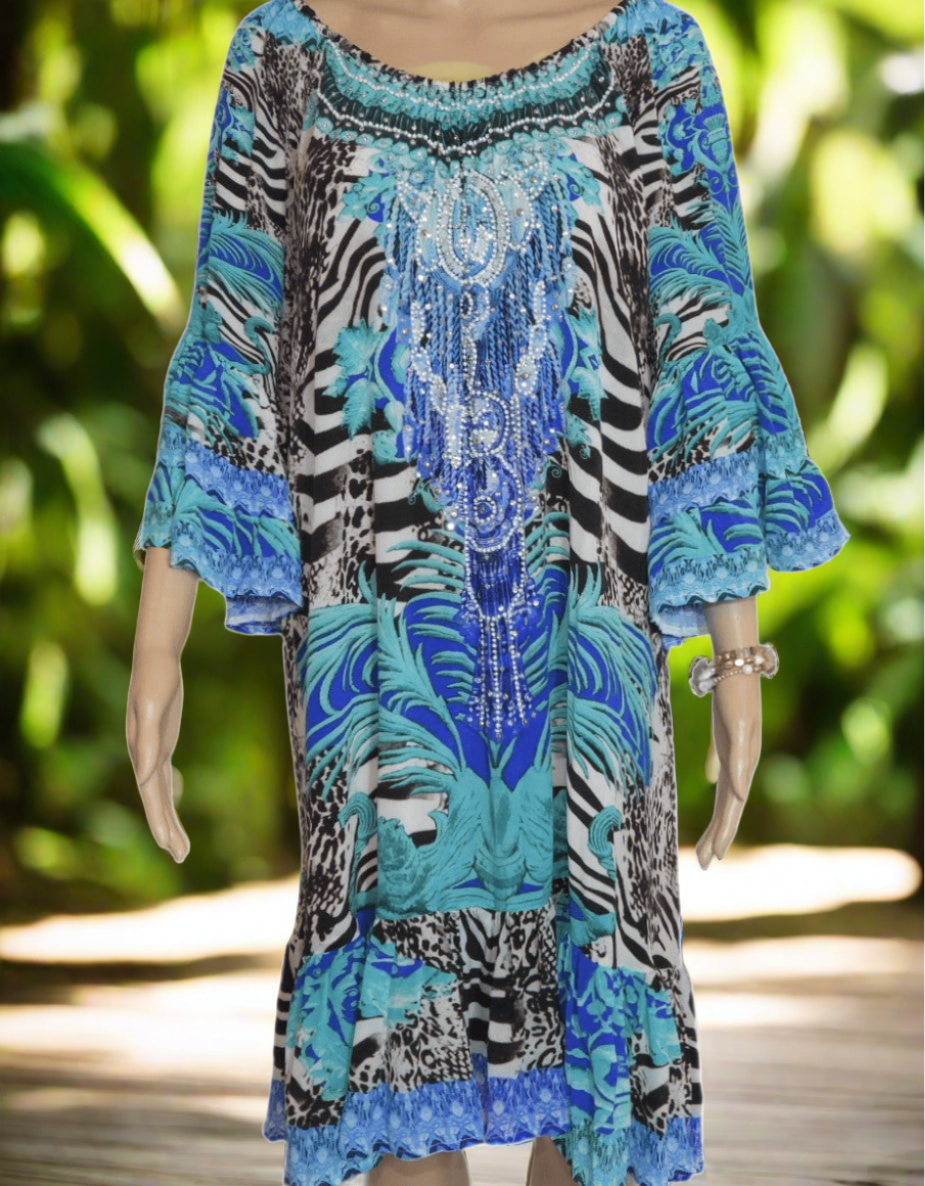 Zebra Blue Silk Embellished Gypsy Dress by Fashion Spectrum - Kaftans that Bling