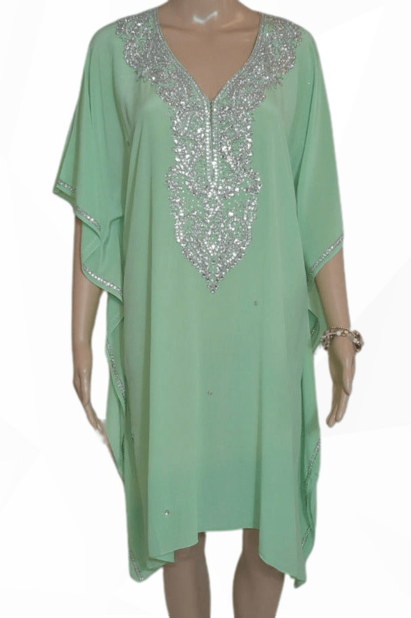 Soft Green Short Silk Embellished Kaftan Dress - by Fashion Spectrum - Kaftans that Bling