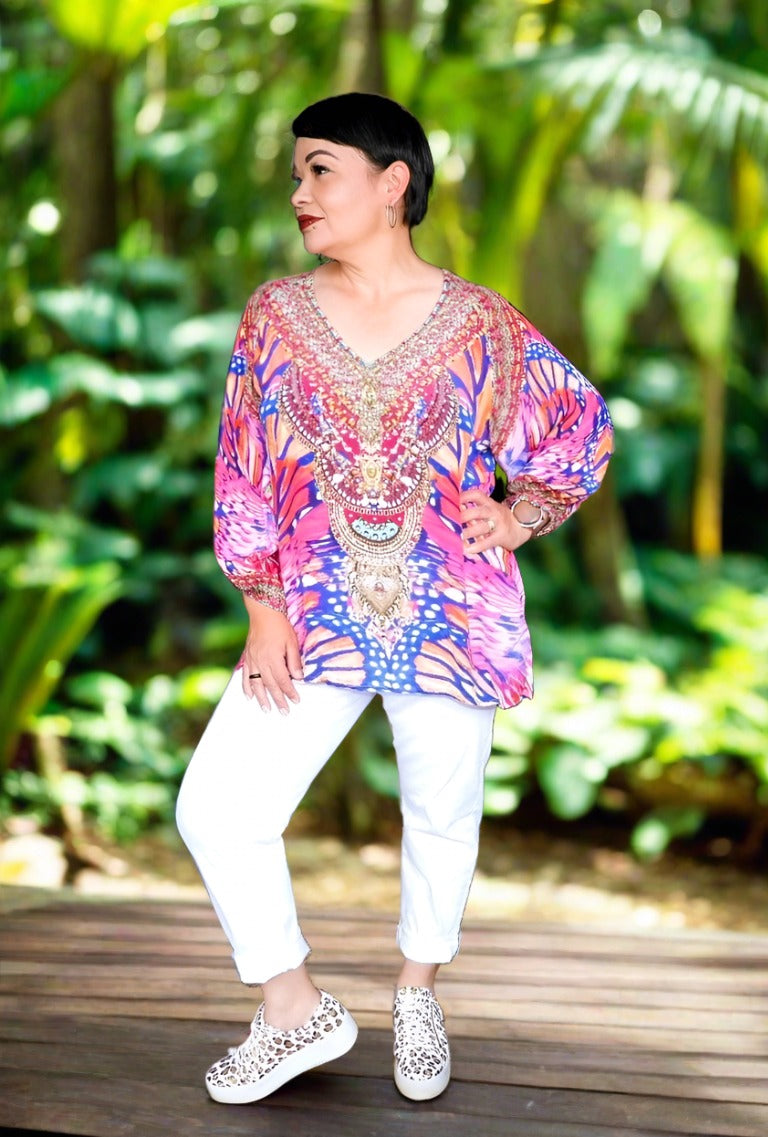 Silk Embellished Gypsy Top - Butterfly Pink-Fashion Spectrum - Kaftans that Bling