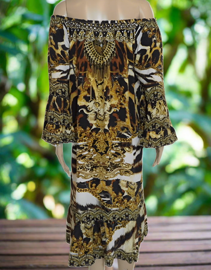 Leopard Silk Embellished Gypsy Dress by Fashion Spectrum - Kaftans that Bling
