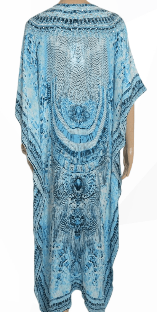 Egyptian Blue Long Silk Embellished Kaftan - Fashion Spectrum - Kaftans that Bling