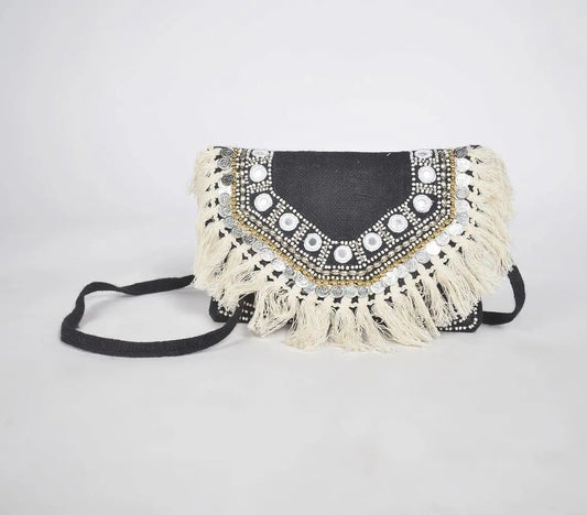 Jute Coin Clutch Bag-Black - Kaftans that Bling