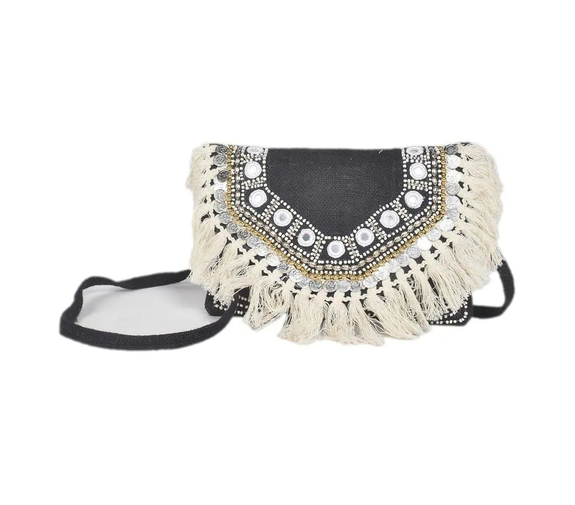 Jute Coin Clutch Bag-Black - Kaftans that Bling