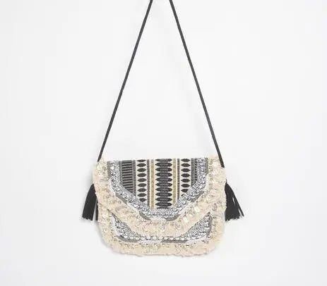 Metallic sequin embellished & fringed sling bag - Kaftans that Bling