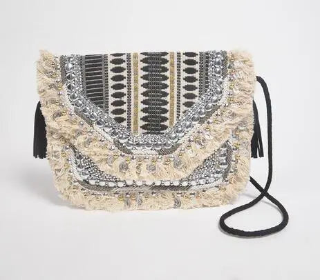 Metallic sequin embellished & fringed sling bag - Kaftans that Bling