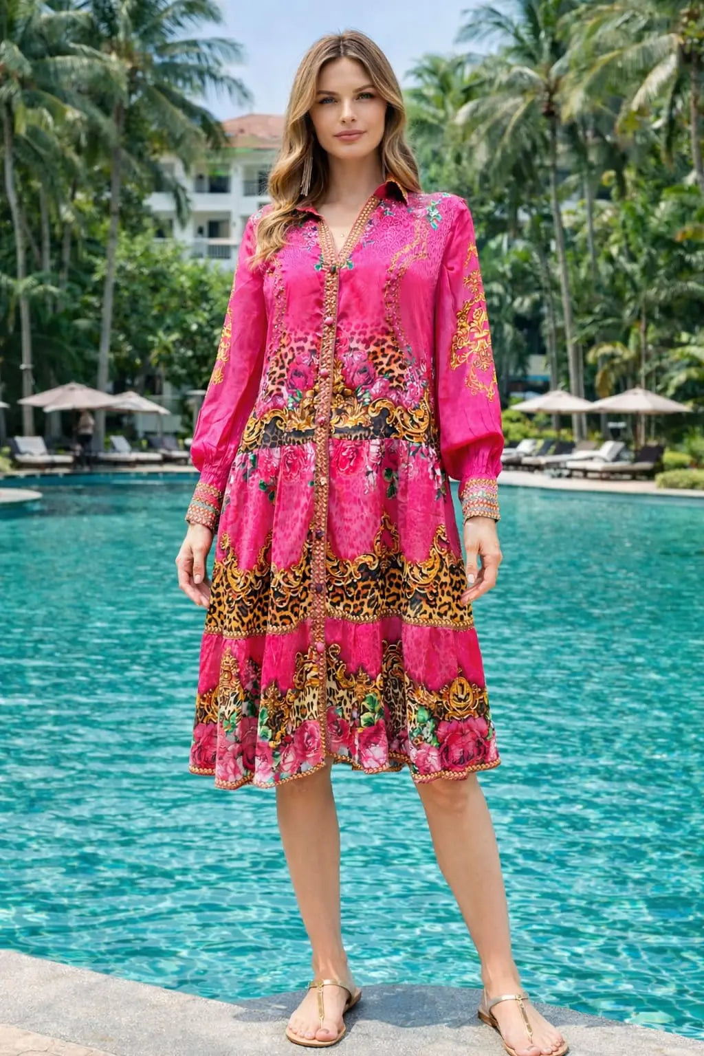 Collar embellished frill dress Leopard Fantasy Pink by KTB