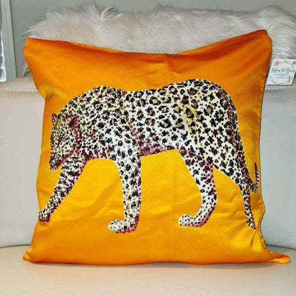 Jaguar silky embellished orange cushion cover with beaded jaguar design and zipper closure