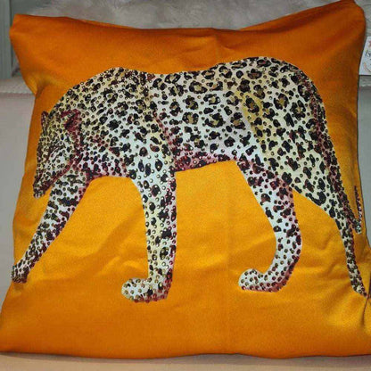 Jaguar silky embellished cushion cover with beaded jaguar design on orange silky fabric