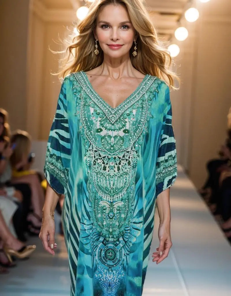 3/4 sleeve Silk Embellished Dress Zulu - Kaftans that Bling