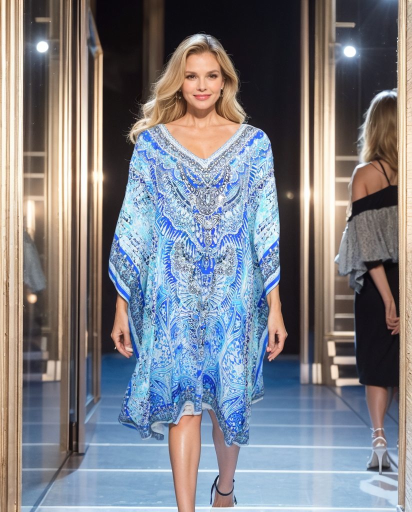 Silk Embellished short Kaftan Egyptian Blue