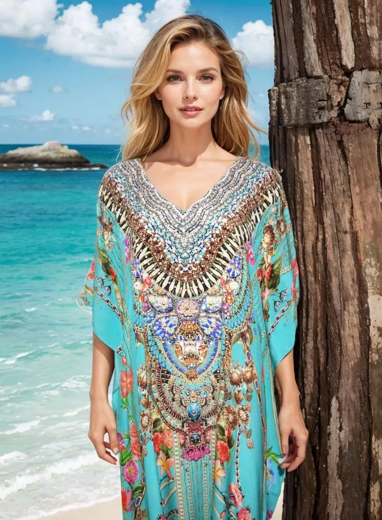 Long Silk Embellished Kaftan- Capri Aqua