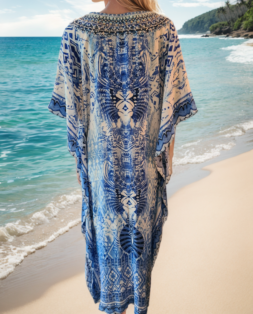 Long Silk Embellished Kaftan-Geo