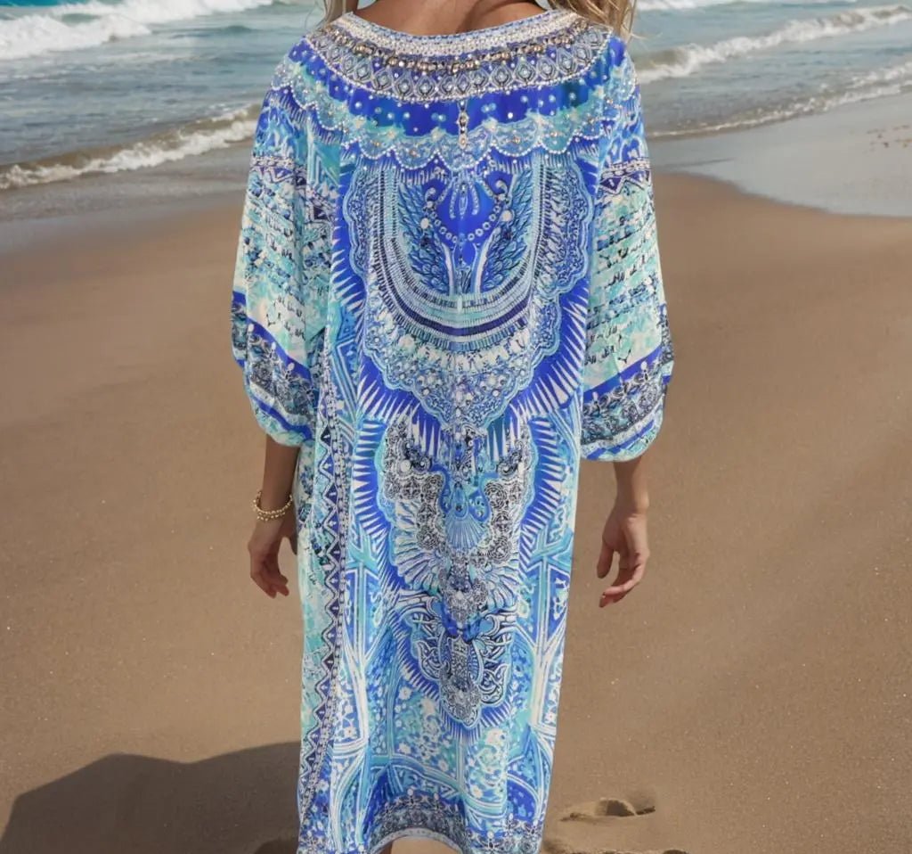 3/4 sleeve Silk Embellished Dress Egyptian blue - Kaftans that Bling