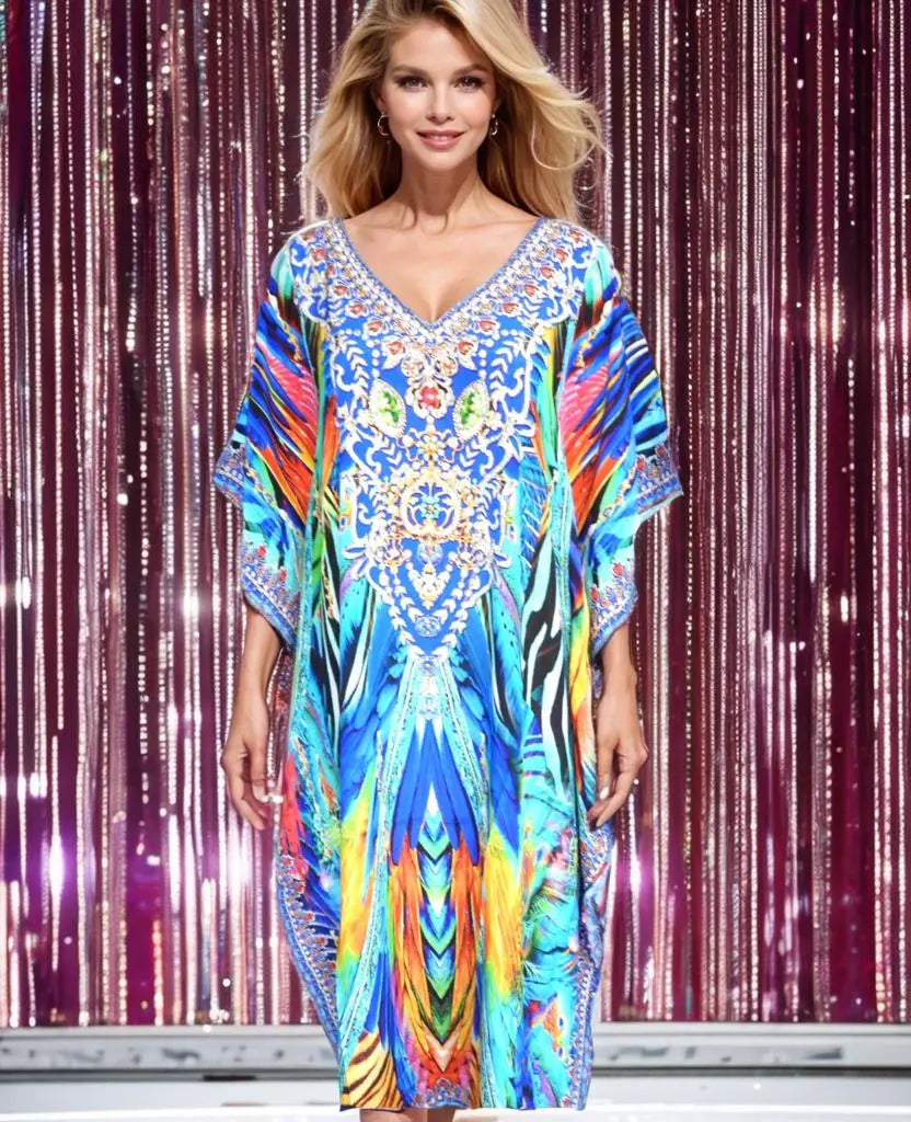 Peacock Long Silk Embellished Box Kaftan - Kaftans that Bling