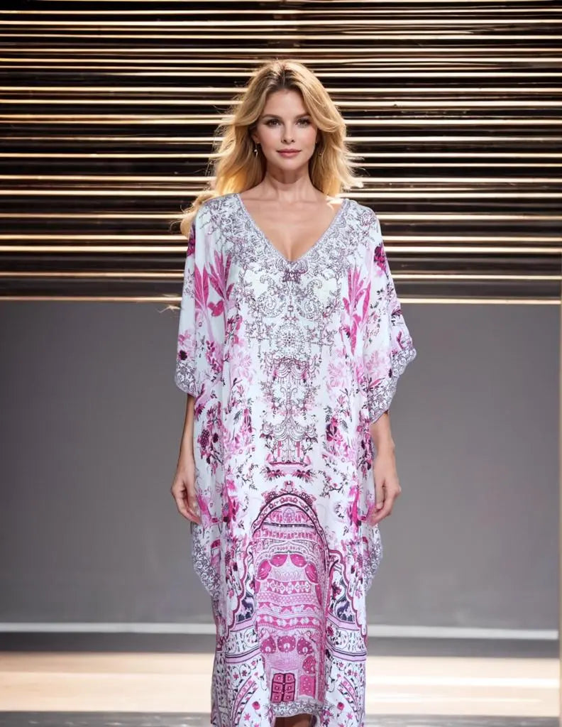 Layla Long Silk Embellished Box Kaftan - Kaftans that Bling