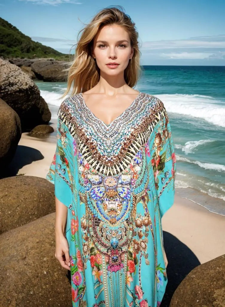 Long Silk Embellished Kaftan- Capri Aqua