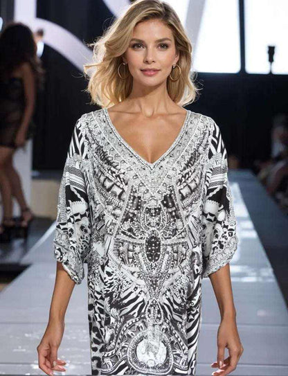  sleeve Silk Embellished Dress Tiger Black