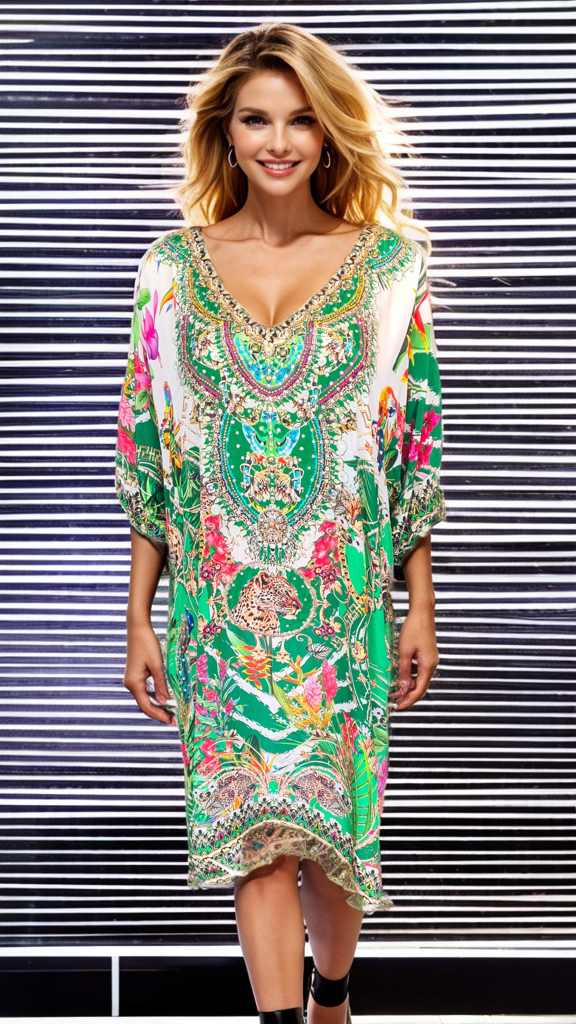 Short Embellished 3/4 sleeve Kaftan Dress -  Bardini