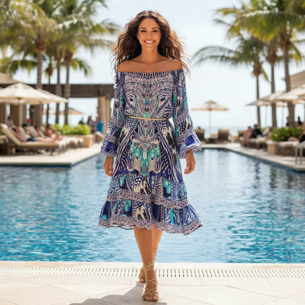 Embellished Silk Gypsy Dress Feather