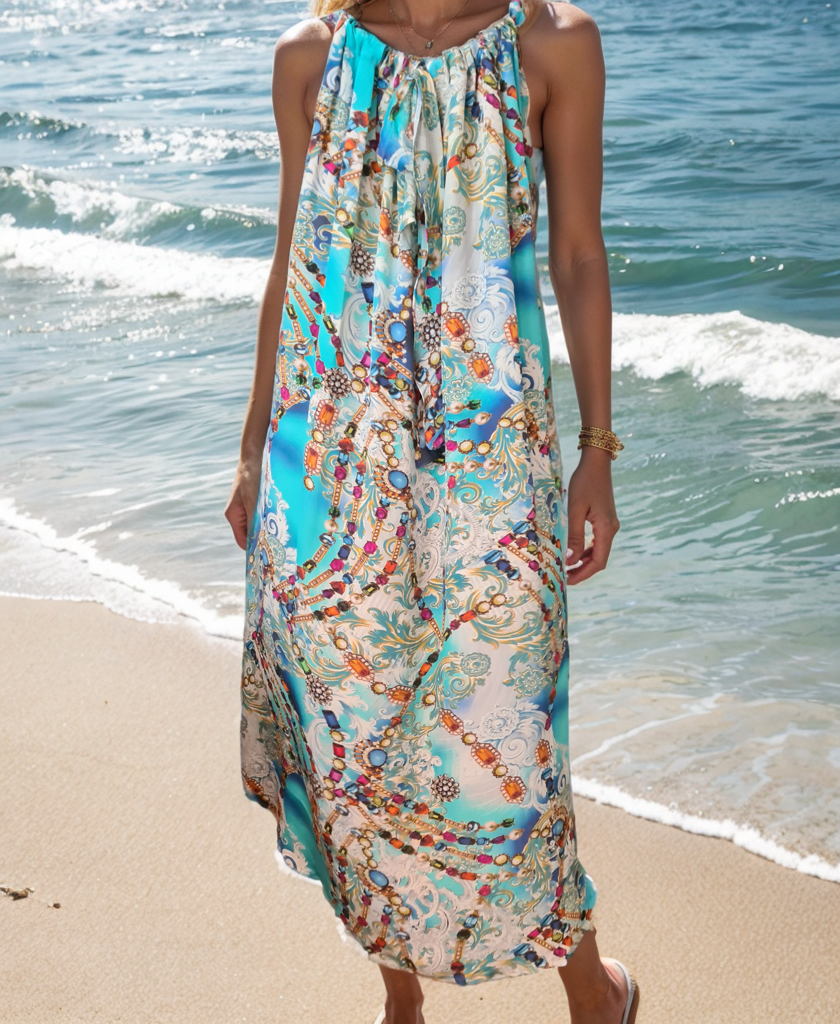 Long Silk Embellished Maxi Dress - Ocean Jewel