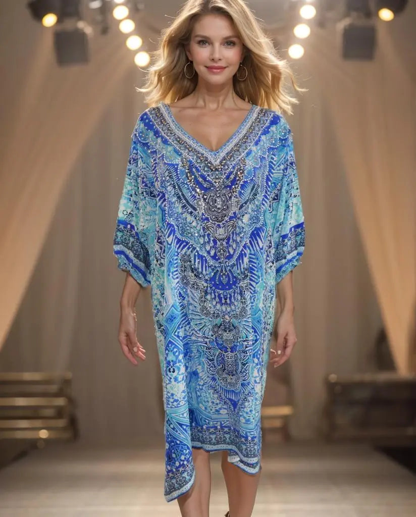 3/4 sleeve Silk Embellished Dress Egyptian blue - Kaftans that Bling