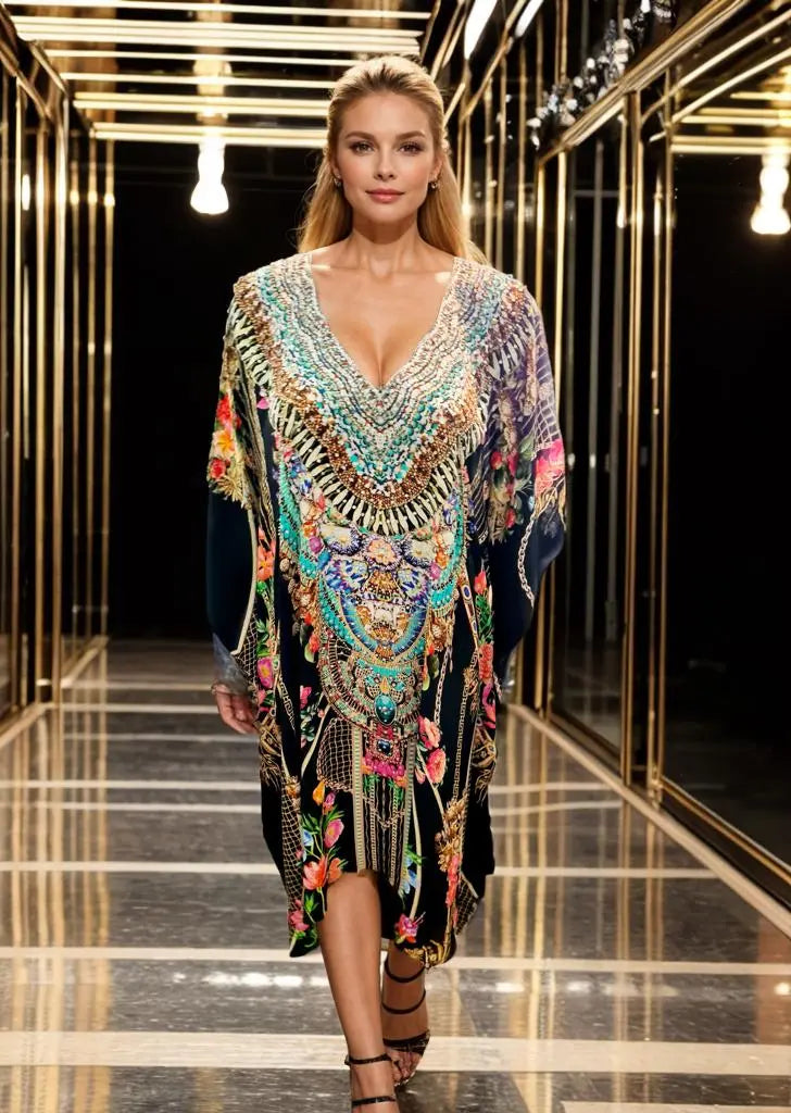 Short Embellished Silk Kaftan - Capri - Kaftans that Bling