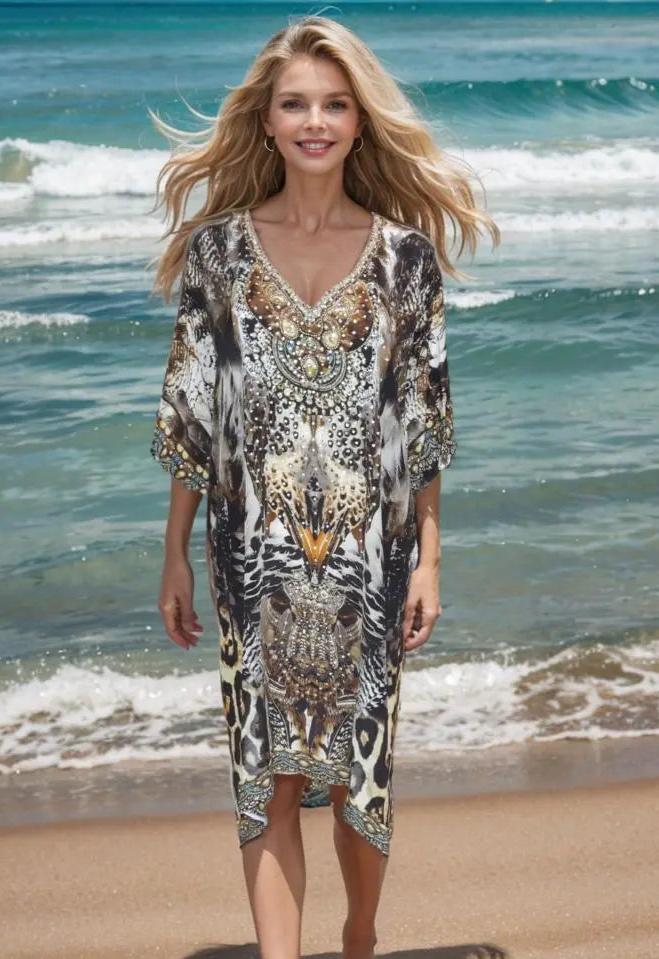 3/4 sleeve Silk Embellished Dress Garbo - Kaftans that Bling