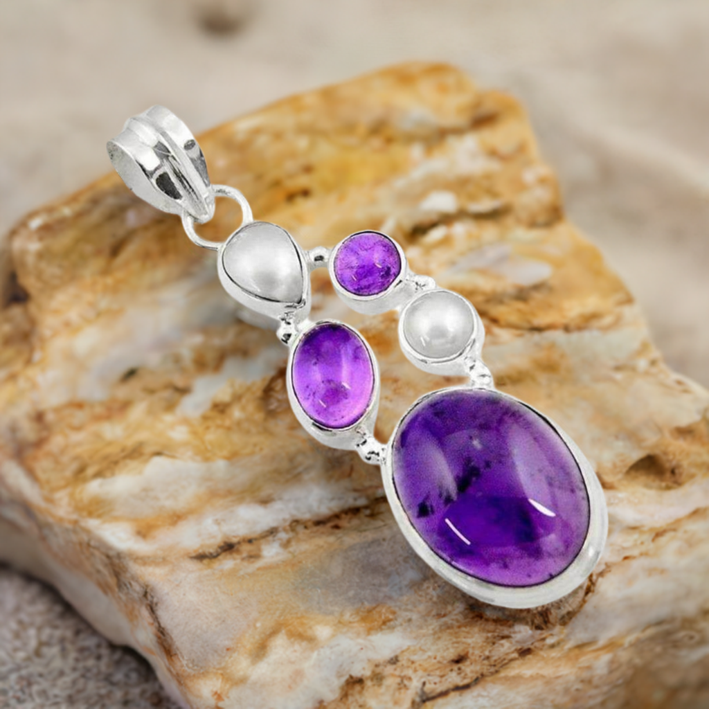 Amethyst & pearl solid sterling silver pendant