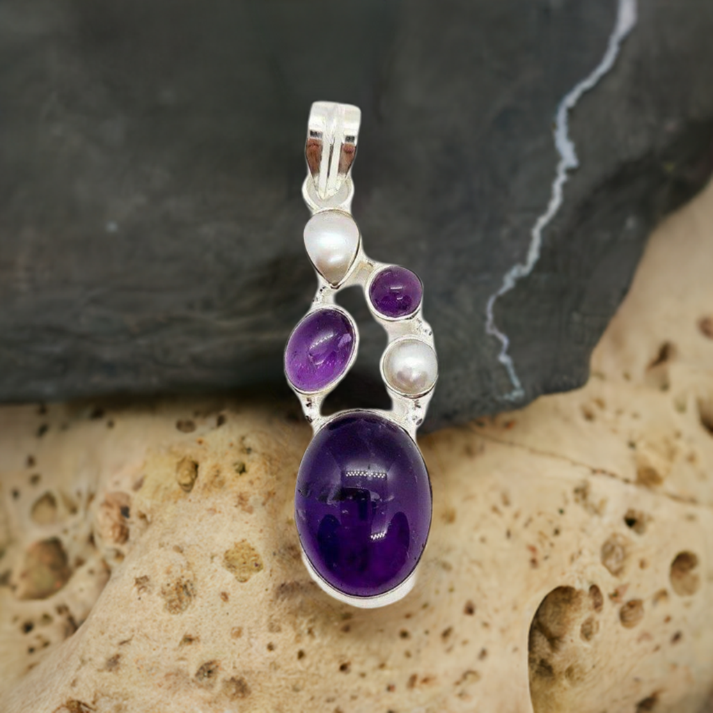 Amethyst & pearl solid sterling silver pendant