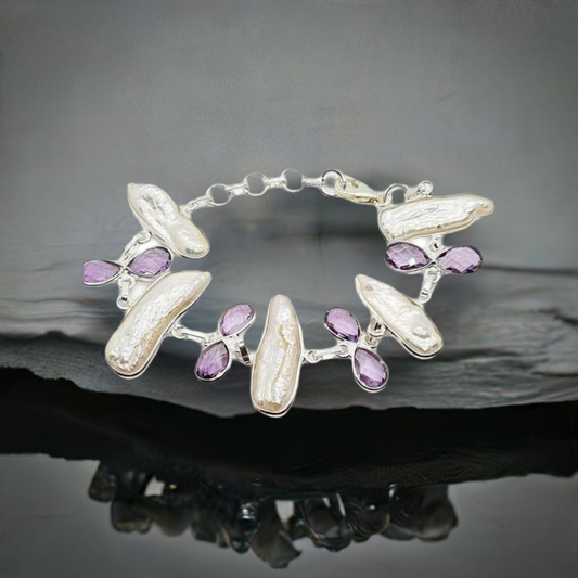 Amethyst & biwa pearl solid sterling silver tennis bracelet - Kaftans that Bling