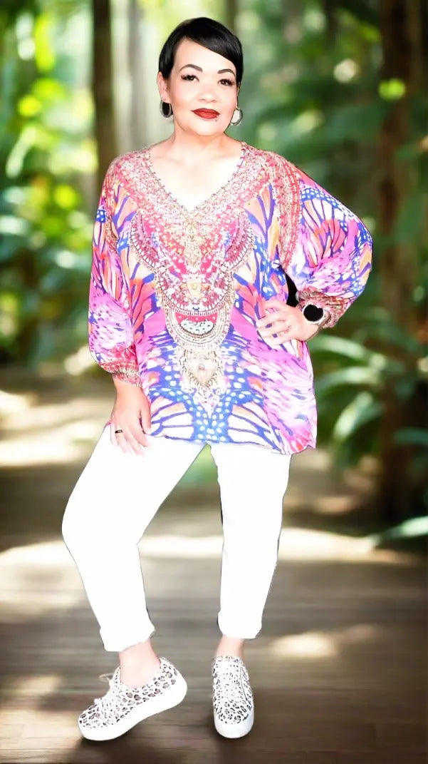 Silk Embellished Gypsy Top - Butterfly Pink-Fashion Spectrum - Kaftans that Bling