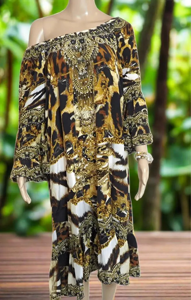 Leopard Silk Embellished Gypsy Dress by Fashion Spectrum - Kaftans that Bling