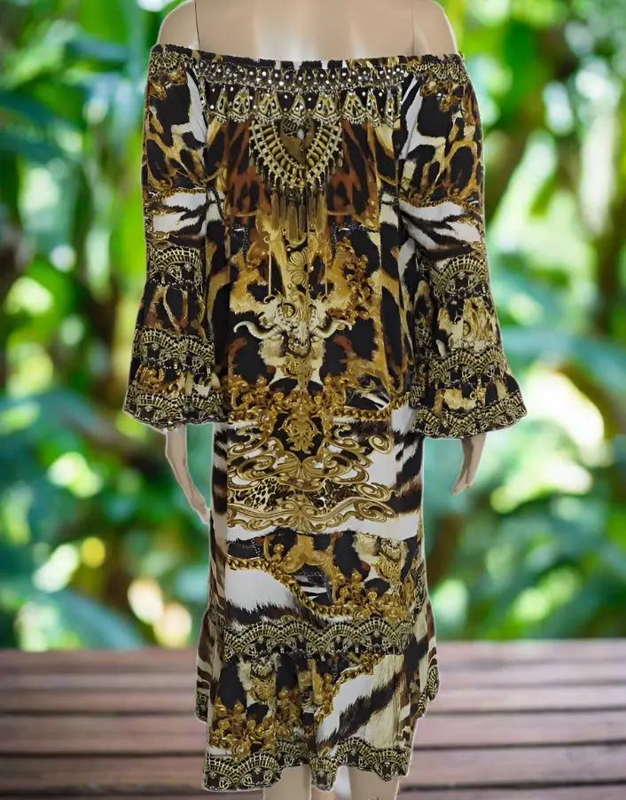 Leopard Silk Embellished Gypsy Dress by Fashion Spectrum - Kaftans that Bling