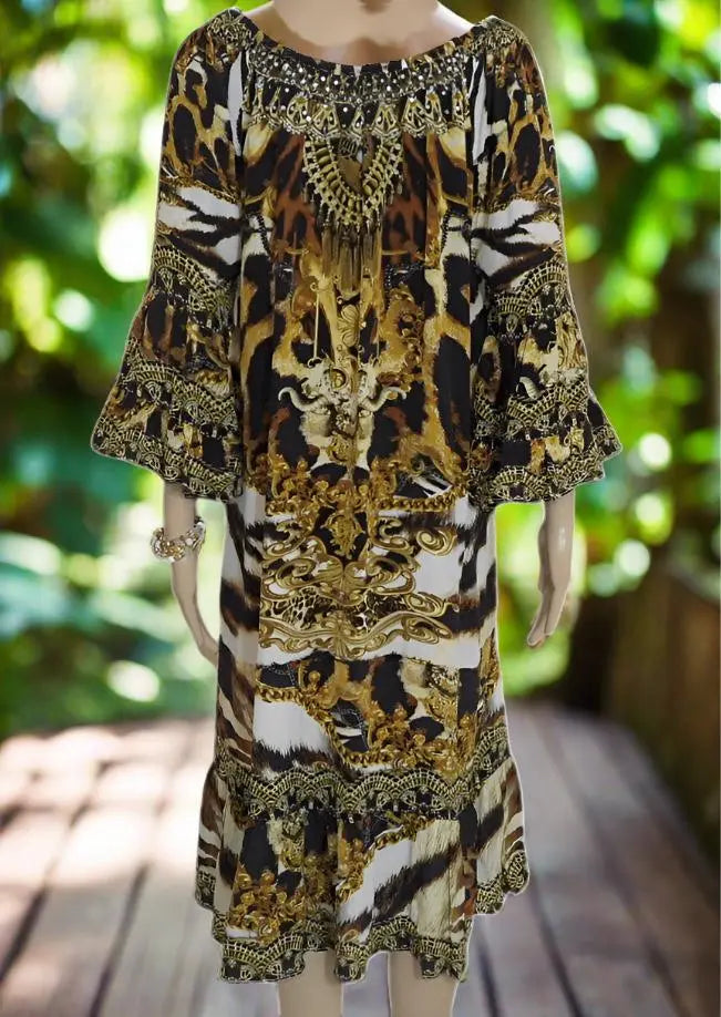 Leopard Silk Embellished Gypsy Dress by Fashion Spectrum - Kaftans that Bling