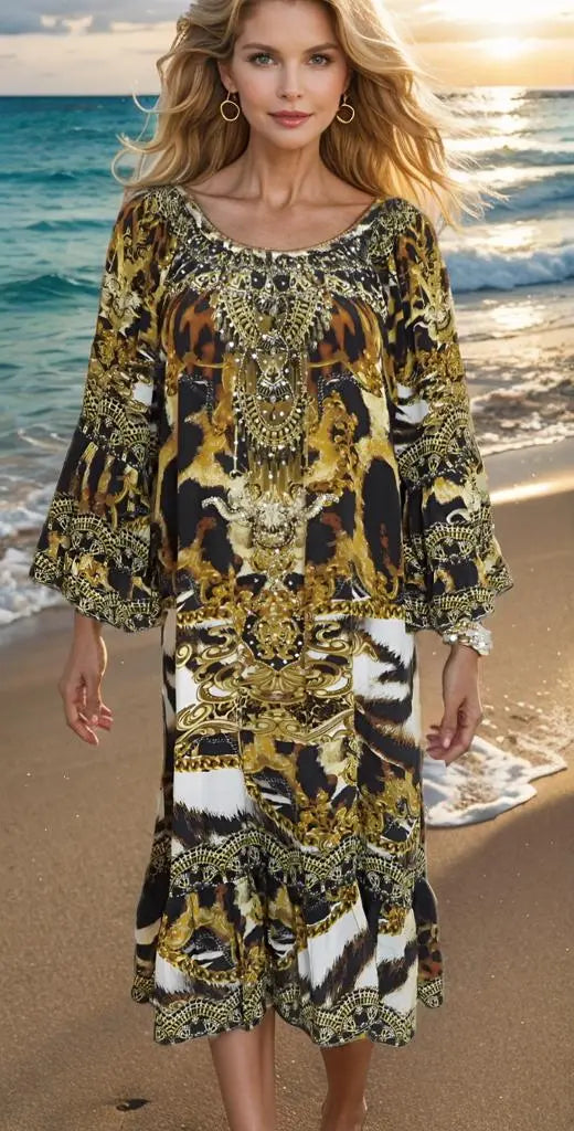 gypsy dress Leopard Silk Embellished Gypsy Dress by Fashion Spectrum fashion spectrum  Kaftans that Bling