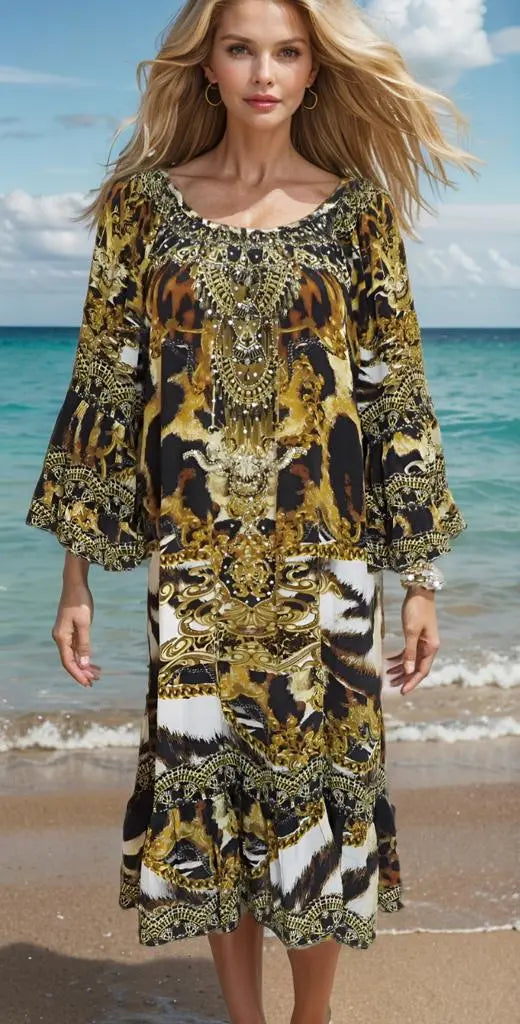 gypsy dress Leopard Silk Embellished Gypsy Dress by Fashion Spectrum fashion spectrum  Kaftans that Bling