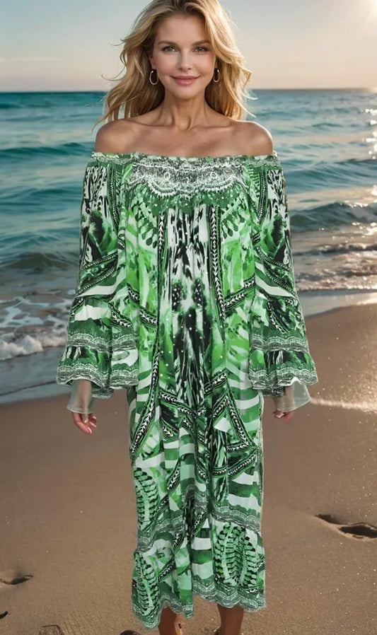 gypsy dress Saffron Green Silk Embellished Gypsy Dress by Fashion Spectrum fashion spectrum  Kaftans that Bling