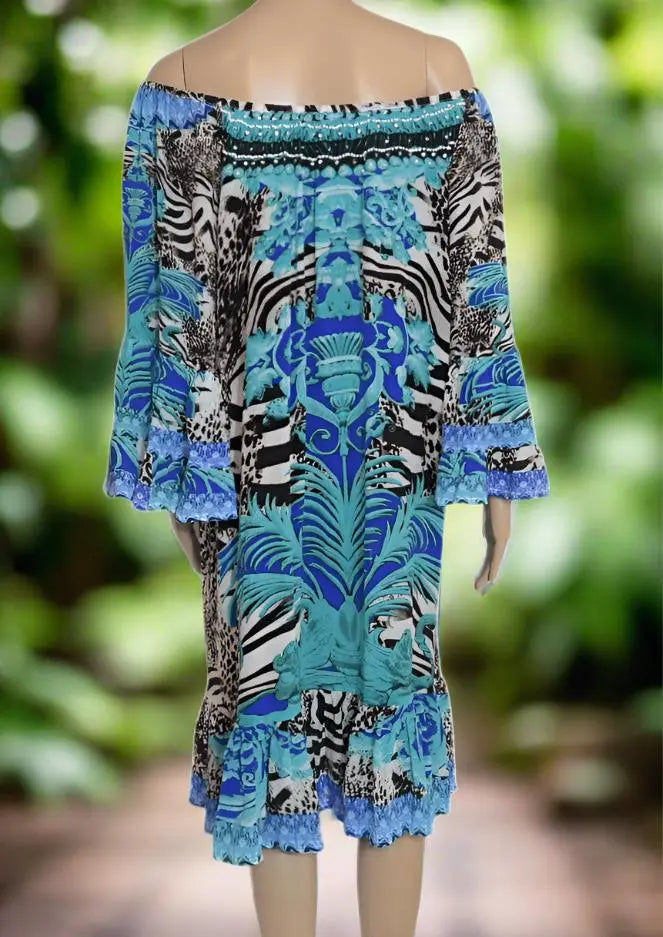 Zebra Blue Silk Embellished Gypsy Dress by Fashion Spectrum - Kaftans that Bling