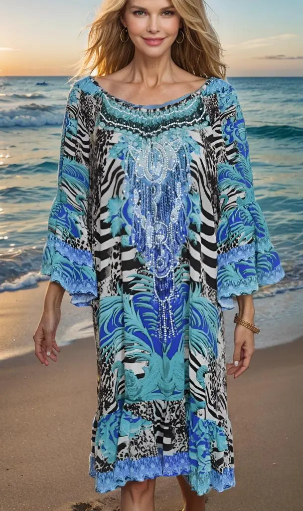 gypsy dress Zebra Blue Silk Embellished Gypsy Dress by Fashion Spectrum fashion spectrum  Kaftans that Bling