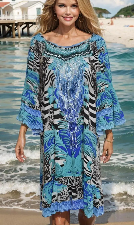 gypsy dress Zebra Blue Silk Embellished Gypsy Dress by Fashion Spectrum fashion spectrum  Kaftans that Bling