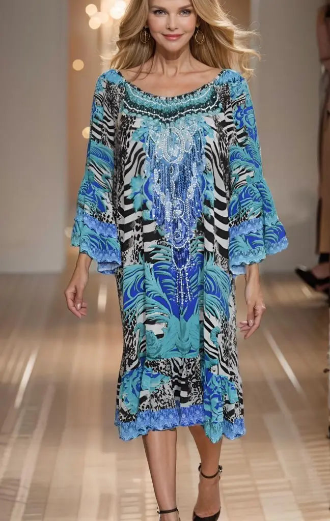 gypsy dress Zebra Blue Silk Embellished Gypsy Dress by Fashion Spectrum fashion spectrum  Kaftans that Bling