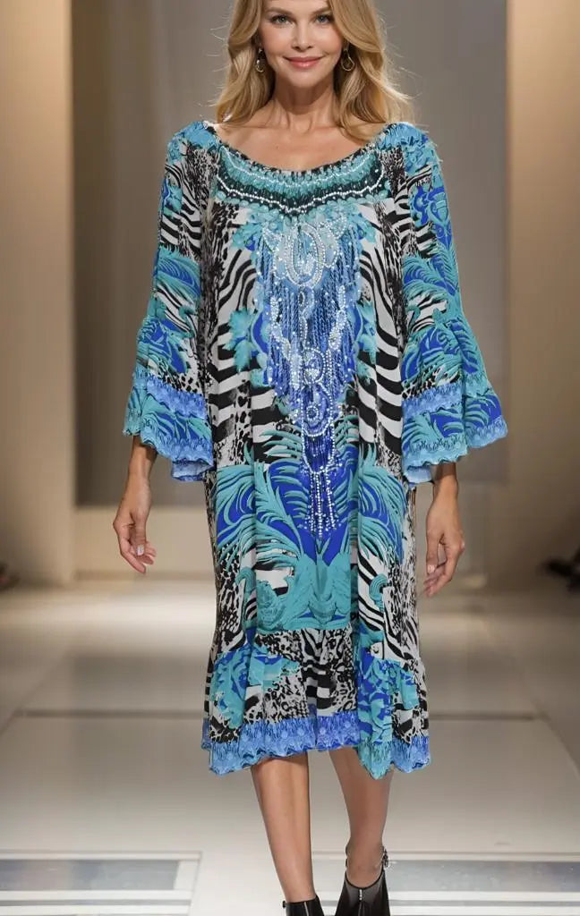 gypsy dress Zebra Blue Silk Embellished Gypsy Dress by Fashion Spectrum fashion spectrum  Kaftans that Bling